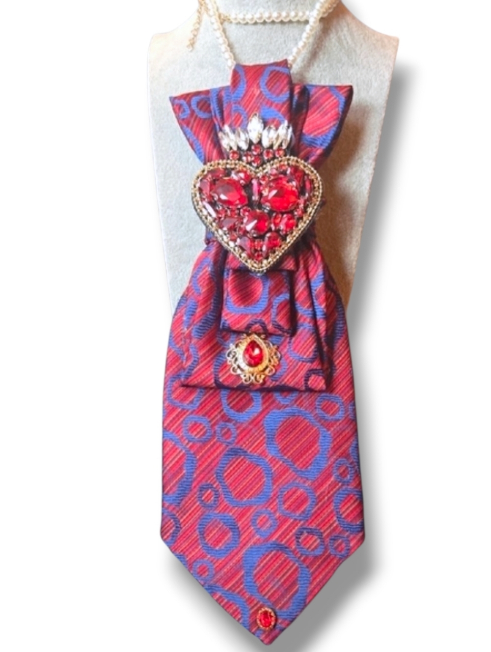 *3/$60 Red and Blue Patterned Folded Cravat with Heart Brooch And Red Gem